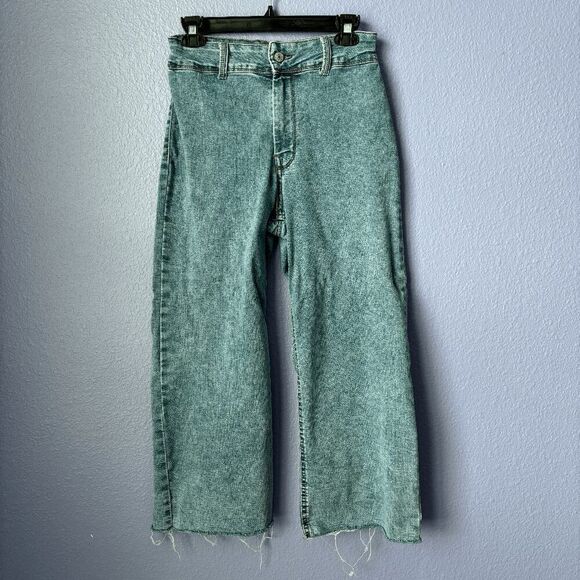 Stone Wash Wide Leg Jeans Light Wash High Waisted Capris Western 70s Retro Flare - Picture 1 of 8
